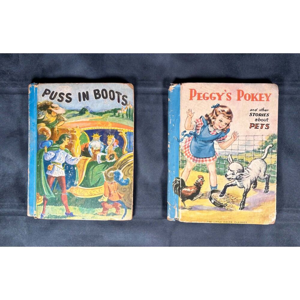 2 VTG Little Color Classics Books Puss in Boots 1941 and Peggy's Pokey 1940